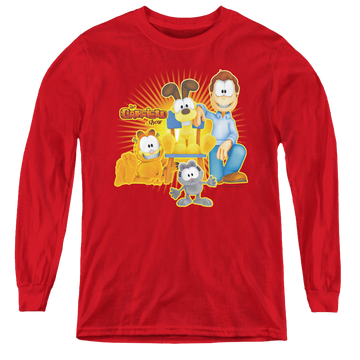 Red youth long sleeve t-shirt with Garfield Say Cheese graphic