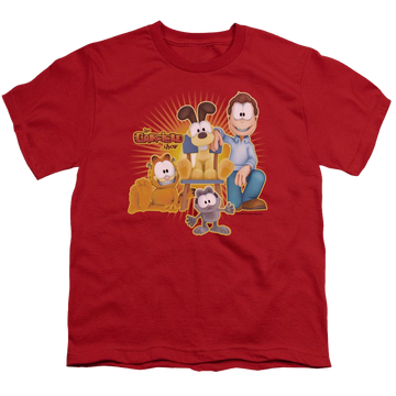 Red youth t-shirt for ages 8 to 12 with Garfield Say Cheese graphic