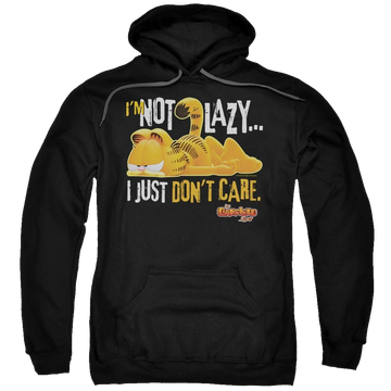 Black pullover hoodie with Garfield Not Lazy graphic