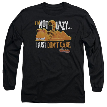 Black men's long sleeve t-shirt with Garfield Not Lazy graphic
