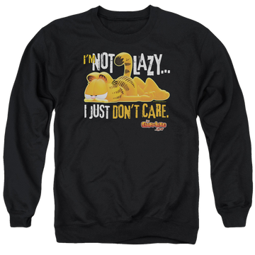 Black men's crewneck sweatshirt with Garfield Not Lazy graphic
