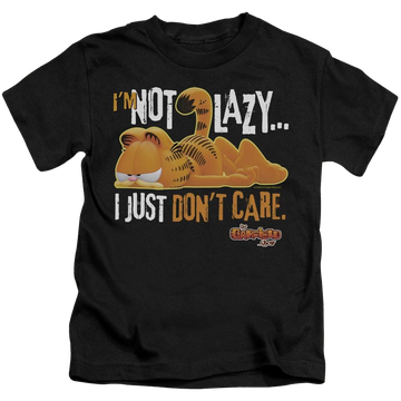 Black kid's t-shirt for ages 4 to 7 with Garfield Not Lazy graphic