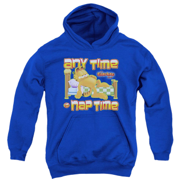 Royal youth hoodie for ages 8 to 12 with Garfield Nap Time graphic