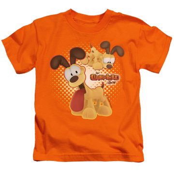 Orange kid's t-shirt for ages 4 to 7 with Garfield Odie graphic