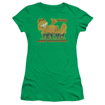 Kelly green juniors t-shirt with Garfield My Peeps graphic