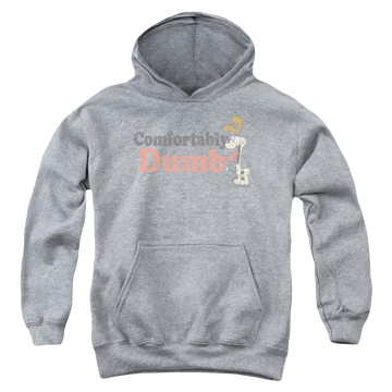Athletic heather youth hoodie for ages 8 to 12 with Garfield Comfortably Dumb graphic