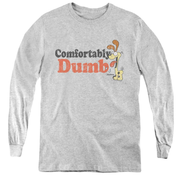 Athletic heather youth long sleeve t-shirt with Garfield Comfortably Dumb graphic