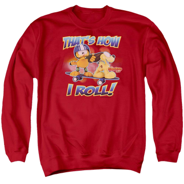Red men's crewneck sweatshirt with Garfield How I Roll graphic
