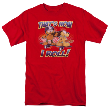 Red men's regular fit t-shirt with Garfield How I Roll graphic