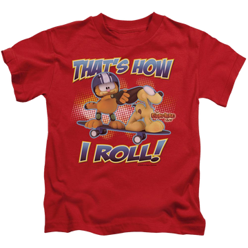 Red kid's t-shirt for ages 4 to 7 with Garfield How I Roll graphic