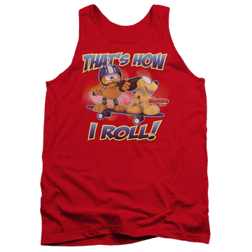 Red men's tank with Garfield How I Roll graphic