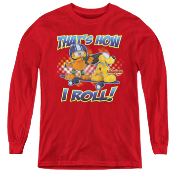 Red youth long sleeve t-shirt with Garfield How I Roll graphic