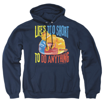 Navy pullover hoodie with Garfield Too Short graphic
