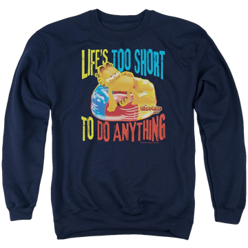 Navy men's crewneck sweatshirt with Garfield Too Short graphic
