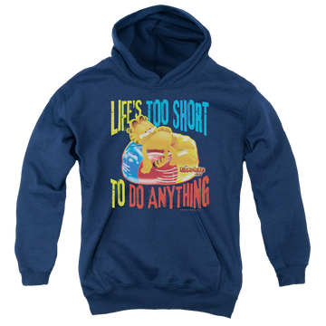 Navy youth hoodie for ages 8 to 12 with Garfield Too Short graphic
