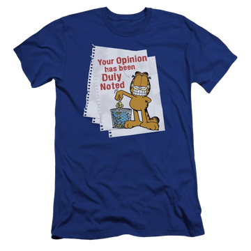 Royal men's premium slim fit t-shirt with Garfield Duly Noted graphic