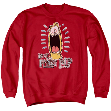 Red men's crewneck sweatshirt with Garfield Friday graphic