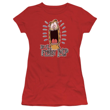 Red juniors t-shirt with Garfield Friday graphic