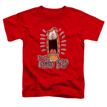 Red toddler t-shirt with Garfield Friday graphic