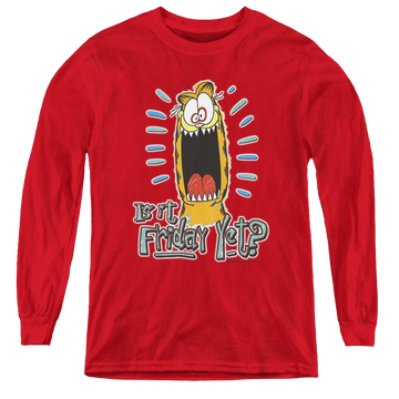 Red youth long sleeve t-shirt with Garfield Friday graphic