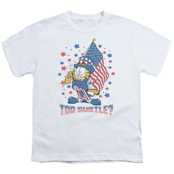 White youth t-shirt for ages 8 to 12 with Garfield Subtle graphic