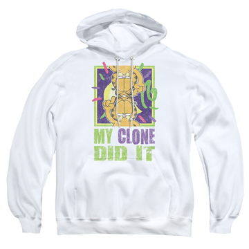 White pullover hoodie with Garfield My Clone Did It graphic
