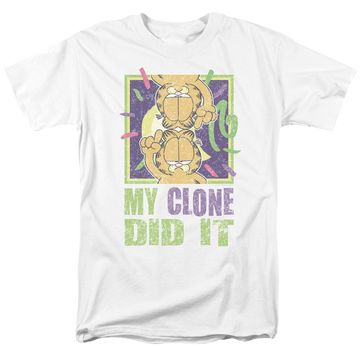 White men's regular fit t-shirt with Garfield My Clone Did It graphic
