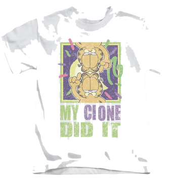 White kid's t-shirt for ages 4 to 7 with Garfield My Clone Did It graphic