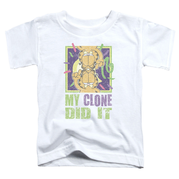 White toddler t-shirt with Garfield My Clone Did It graphic