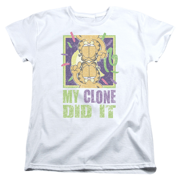 White women's t-shirt with Garfield MY CLONE DID IT graphic