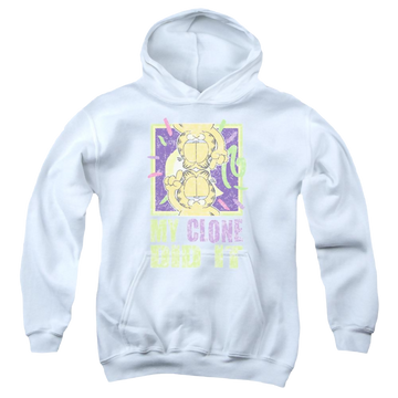 White youth hoodie for ages 8 to 12 with Garfield My Clone Did It graphic