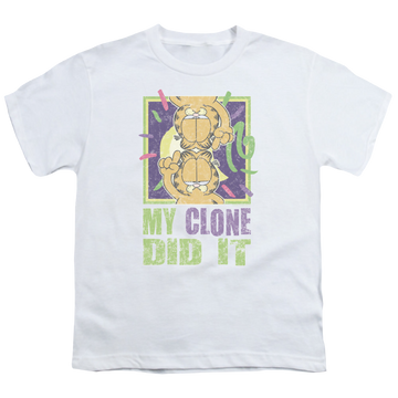 White youth t-shirt for ages 8 to 12 with Garfield My Clone Did It graphic