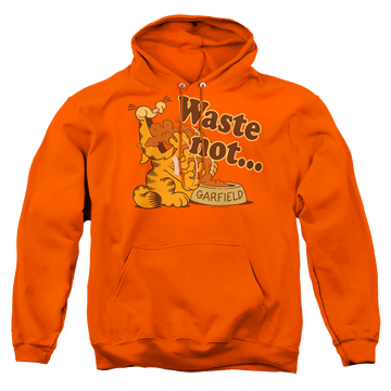 Orange pullover hoodie with Garfield Waste Not graphic