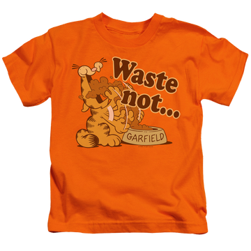 Orange kid's t-shirt for ages 4 to 7 with Garfield Waste Not graphic