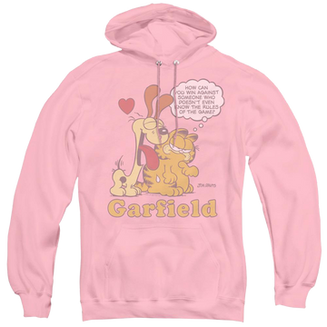 Pink pullover hoodie with Garfield Cant Win graphic