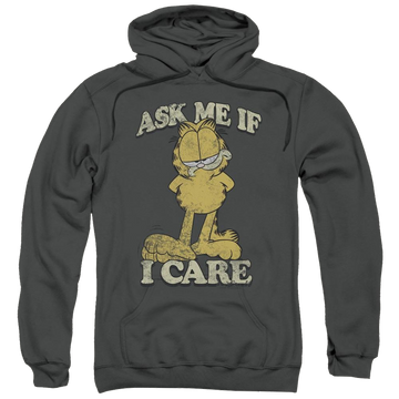Charcoal pullover hoodie with Garfield Ask Me graphic