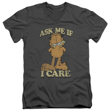 Charcoal men's v-neck t-shirt with Garfield Ask Me graphic
