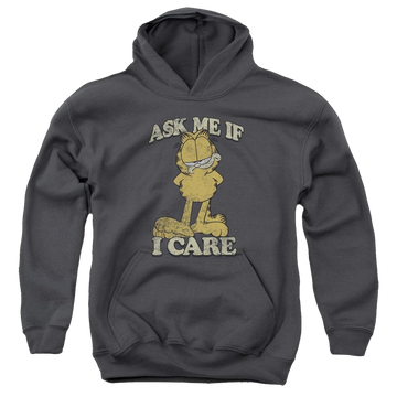 Charcoal youth hoodie for ages 8 to 12 with Garfield Ask Me graphic