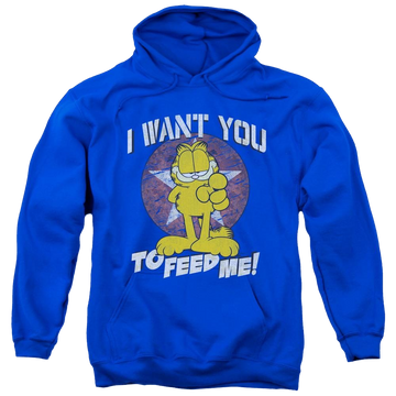Royal pullover hoodie with Garfield I Want You graphic