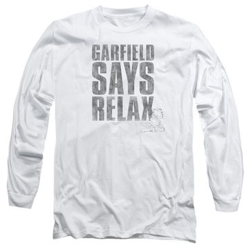 White men's long sleeve t-shirt with Garfield Relax graphic
