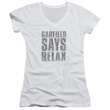 White juniors v-neck t-shirt with Garfield Relax graphic