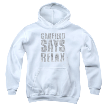 White youth hoodie for ages 8 to 12 with Garfield Relax graphic