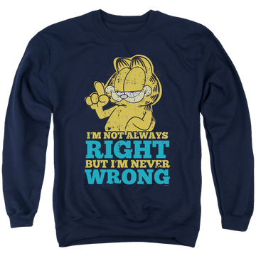 Navy men's crewneck sweatshirt with Garfield Never Wrong graphic