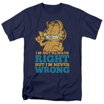 Navy men's regular fit t-shirt with Garfield Never Wrong graphic