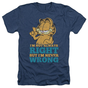 Navy men's heather t-shirt with Garfield Never Wrong graphic