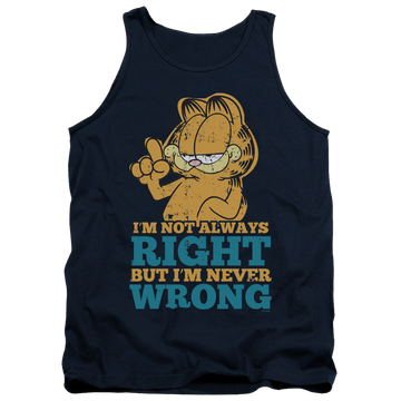 Navy men's tank with Garfield Never Wrong graphic