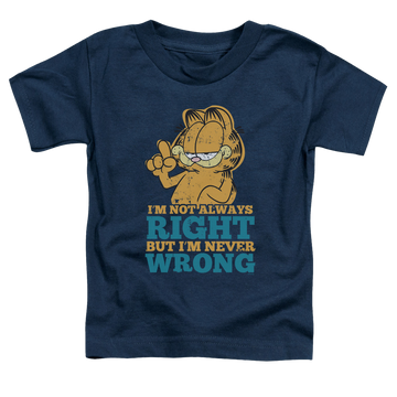 Navy toddler t-shirt with Garfield Never Wrong graphic