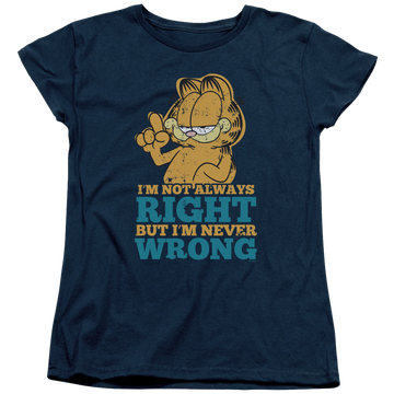 Navy women's t-shirt with Garfield Never Wrong graphic