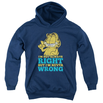 Navy youth hoodie for ages 8 to 12 with Garfield Never Wrong graphic