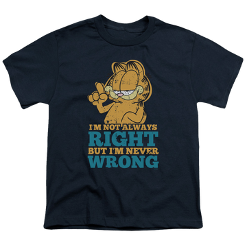 Navy youth t-shirt for ages 8 to 12 with Garfield Never Wrong graphic